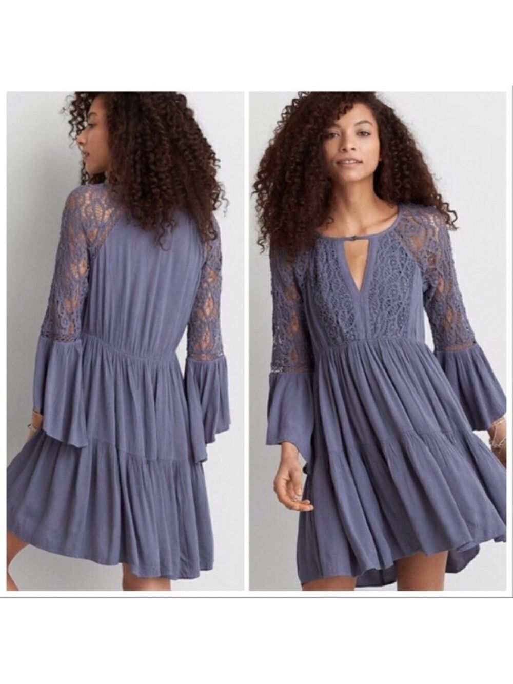 AE M Purple Crochet Lace Overlay Bell Sleeve Tiered Dress front Keyhole Button